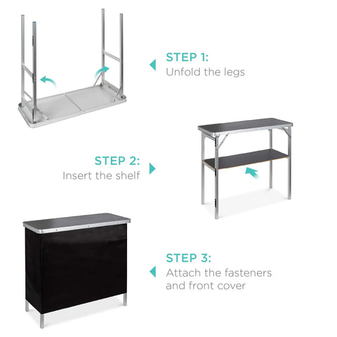 Setup steps for Portable Pop Up Bar Table For Indoor Outdoor Parties And Tailgates With Carrying Case Storage Shelf Removable Skirt