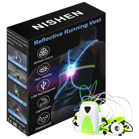 LED Reflective Running Vest With Front Light For Runners And Cyclists packaging and product in front view