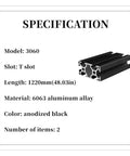 Rock Solid Black Anodized Aluminum Extrusion Profile 3060 T Slot Linear Rail 1220mm for CNC and 3D printer projects.