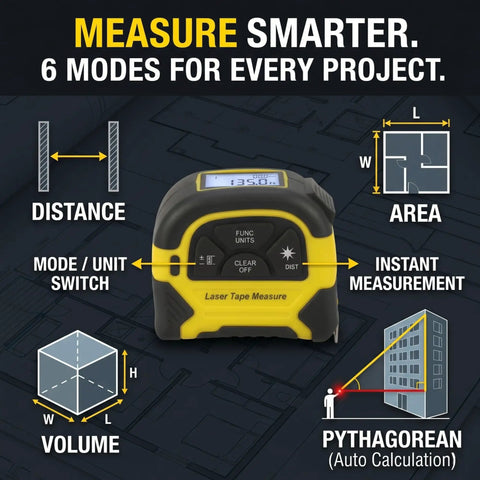 2 In 1 Laser Tape Measure With 130 Ft Digital Laser And 16 Ft Manual Tape, Magnetic Hook, Pythagorean Calculations, Area And Volume, LCD Screen, Inch Metric Ft Unit For Builders, Carpenters, And DIY Woodworking Pros on 6-mode display