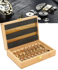 Pro Grade Mainspring Winder Tool Kit With Copper Construction in wooden box shown open, watch parts in background