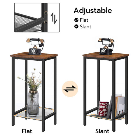 Built Tough Industrial Tall Side Table Featuring Adjustable Mesh Shelves And Rugged Steel Frame showing flat and slant positions with decor.