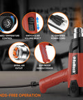 Kickin 1500W Heat Gun Workhorse With Smooth Variable Dial And Dual Airflow Reaching Up To 1200 Fahrenheit showing variable temp control and slip-proof design.