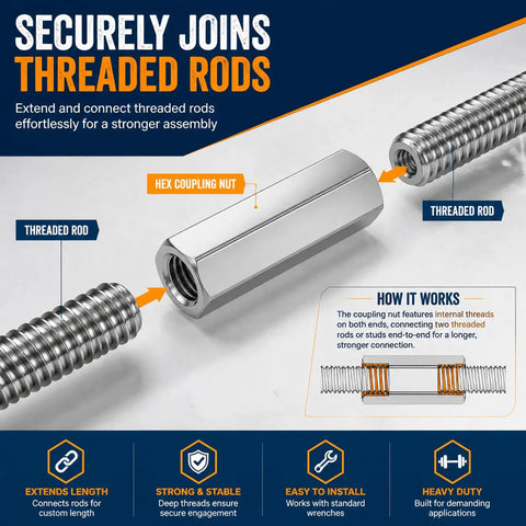 Eight Piece 3/8 Inch Hex Coupling Nuts For Threaded Rods Heavy Duty Carbon Steel Construction 3/8-16 Coarse Threads secure connection