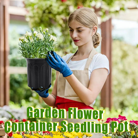 Woman holding black plastic plant nursery pot in garden setting