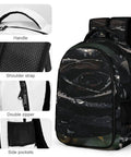 Dew Rose Print Unisex Backpack with Large Capacity, showing black rose design, durable polyester, zipper, handle, and side pockets.