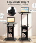 Slick Height Adjustable Standing Desk With Smooth Rolling Casters, Tilting Lectern Stand showing adjustable height from 72cm to 112cm.