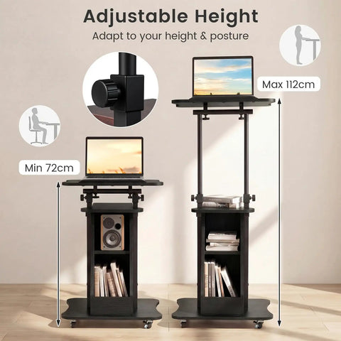 Slick Height Adjustable Standing Desk With Smooth Rolling Casters, Tilting Lectern Stand showing adjustable height from 72cm to 112cm.