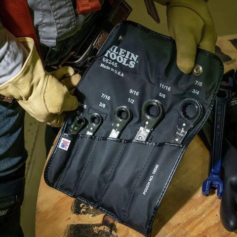 Reversible Ratcheting Box Wrench Set, 5 Piece, Made in USA, Black, Offset 25 Degree Ends, in Heavy Duty Roll Up Pouch displayed.