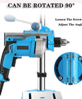 Heavy Duty Electric Drill Stand With 90 Degree Rotatable Head And 80Mm Stroke For High Precision Work, blue drill mounted for adjustment.