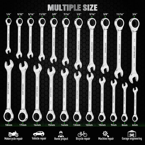 Beast 24-Piece Ratchet Wrench Set for Auto Pros and DIYers with various metric and SAE sizes displayed vertically.