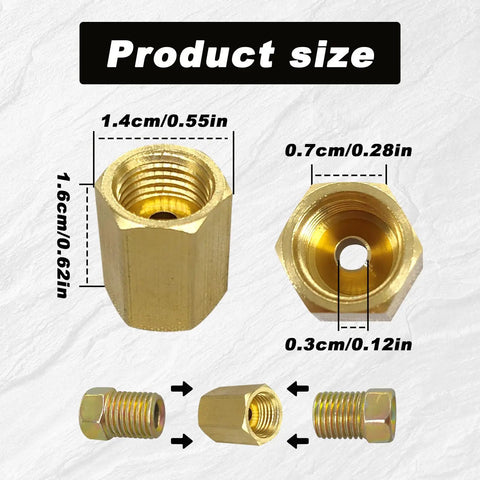 Brass Inverted Flare Brake Line Fittings Kit 12 Pieces Three Eighths Inch With Twenty Four Threads Four Unions And Eight Nuts For Three Sixteenths Inch Brake Line Tube Rust Resistant Beefy Heavy Duty Auto Hardware, brass fitting sizes shown