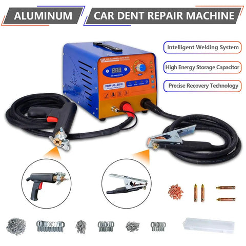 Pro Grade 3000W Spot Weld Dent Puller Kit With 11000A Peak Current 12000uF Capacitor LED Display and accessories shown.