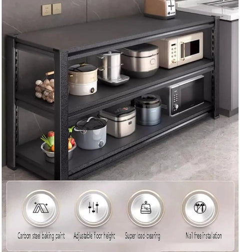 Rock Solid Heavy Duty Steel Storage Rack Adjustable Three Tier Shelving Unit Spacious Vertical Organizer For Garage And Workshop Built Tough Holds Way More Than Expected Total Life Saver with cooking appliances.