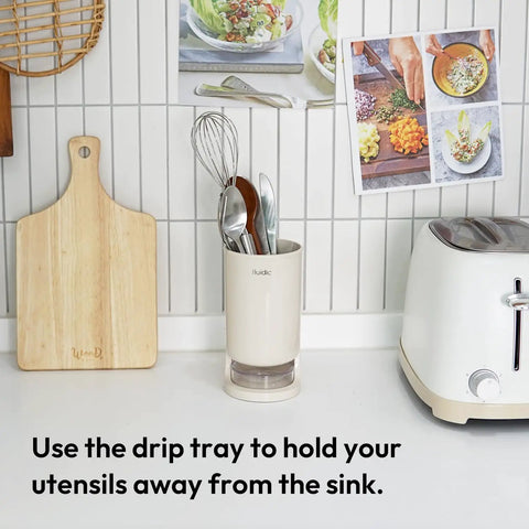 Self Draining Kitchen Utensil Holder For Countertop Featuring Dual Drain Spout And Circular Drip Tray Beige Small Silverware Drying Rack