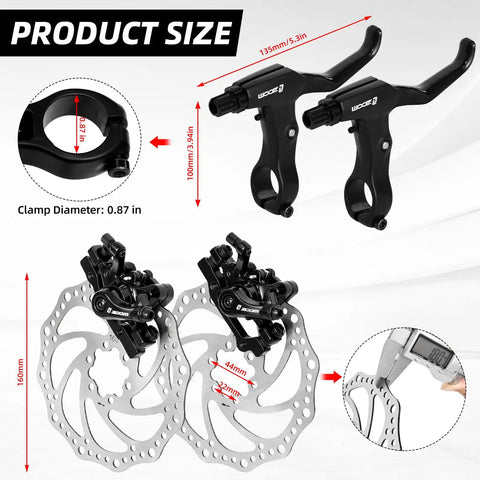 Badass Bike Disc Brake Kit Aluminum Front And Rear Caliper with 160 mm rotors and clamp size dimensions.