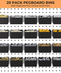 20 black pegboard bins filled with various metal accessories mounted on a pegboard, part of the 300 Piece Pegboard Accessories Kit With Heavy Duty Hooks And Bins For Garage Wall Organization And Tool Storage Including Peg Locks One Quarter Inch Hooks For Pliers Holders And Multi Tool Racks.