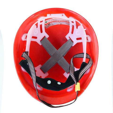 Interior view of a red hard hat with black snap-on liner from 15 Pack Cotton Washable Hard Hat Sweatbands With Snap On Liner Reusable Terry Sweatband Black For All Day Comfort And Sweat Absorption On The Job Durable Work Gear.