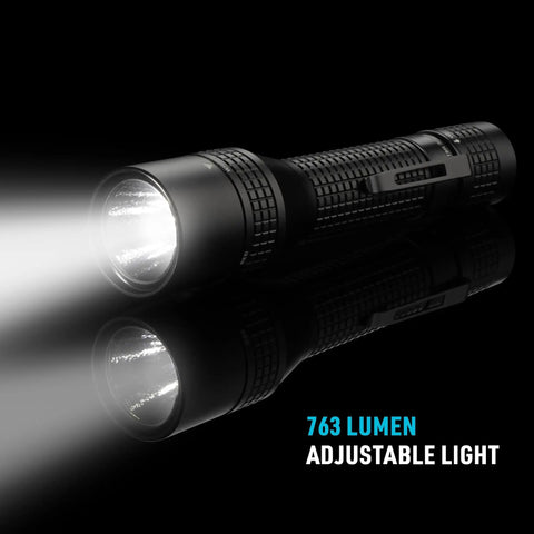 PowerSwitch Dual Color LED Flashlight With Rechargeable Battery And Dual Power Sources glowing in the dark