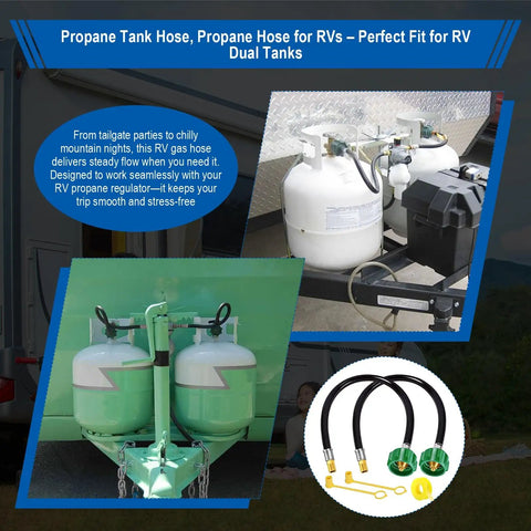 Discover the Ultimate 15-Inch RV Propane Hose in a Solid 2-Pack Setup with dual-tank connection, ideal for RV use.