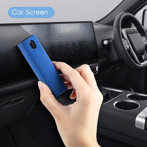 Hand using 6 Pack Screen Cleaner Kit 2 In 1 Touchscreen Mist Cleaner, Spray And Wipe With Microfiber Cloth for car dash display.