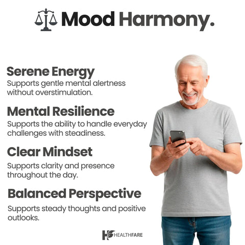 Mood Harmony advertisement with cheerful older man using a smartphone, highlighting benefits like serene energy and mental resilience.