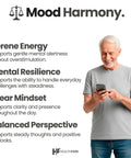 Older man using smartphone beside text promoting mood harmony, serene energy, mental resilience, clear mindset, and balanced perspective.
