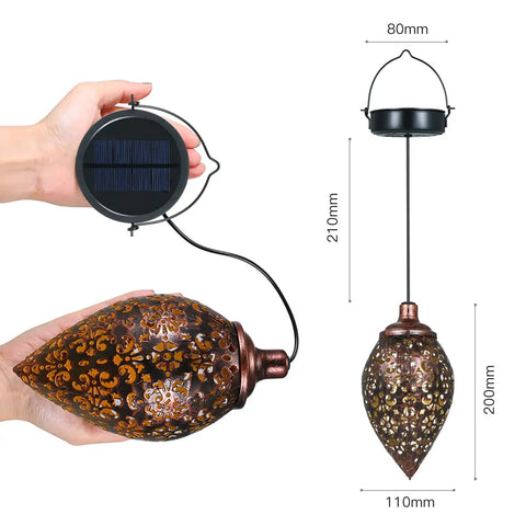 Olive Shaped Hanging Solar Lantern with LED garden lights, weatherproof metal lamp with dimensions shown, solar-powered.