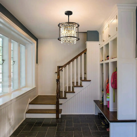 Dope Modern Black Crystal Chandelier For Foyer And Kitchen Island, Round Adjustable Height Pendant Light Fixture For Entryway