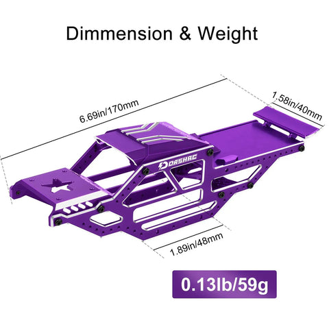 SCX24 Warthog LCG Aluminum Chassis Frame Kit in purple, dimensions and weight shown, for 1 by 24 RC Rock Crawler Rig Upgrades