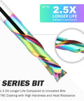 Pro Grade Compression Router Bit With One Quarter Inch Shank And One Inch Cutting Length TAC Coated Solid Carbide Spiral Up And Down CNC Router Bit For Carving Woodworking Projects, highlighting rainbow TAC coating.