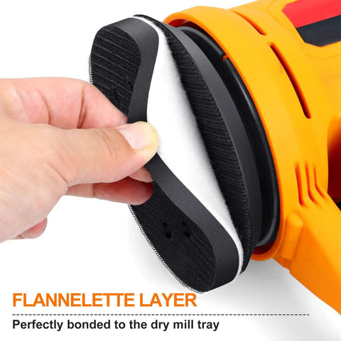 Hand showing 5 Inch 8 Holes Interface Pad Set Of 5 For Orbital Sanders With Hook And Loop Backing, soft sponge texture visible.