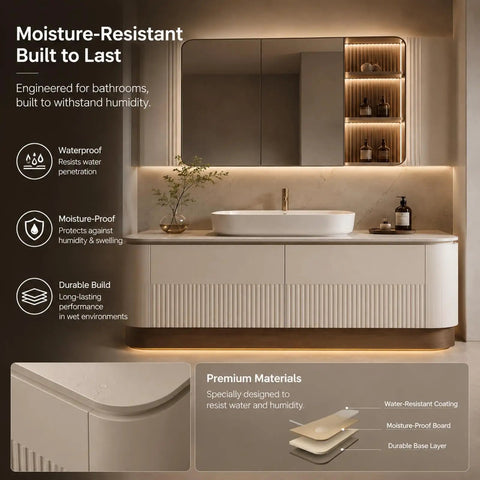42 Inch Freestanding Single Sink Bathroom Vanity With Defogging LED Mirror Cabinet And Soft Neutral Finish For A Dope Modern Refresh That Hits Different In Your Space, showcasing moisture-resistant build and materials.