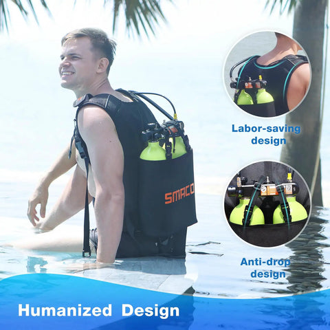 Man using Twin 1.9L Scuba Tank Kit, 3.8L Portable Back-Mounted Dive Cylinder with S700MAX Regulator for shallow water dive