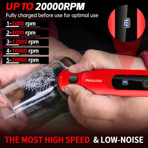 Badass Cordless Rotary Tool Kit With 70 Heavy Duty Accessories And Swift Type C Charging For Hassle Free Engraving Sanding Polishing And Gritty Diy Builds In Vivid Red Finish, showing speed settings on glass.