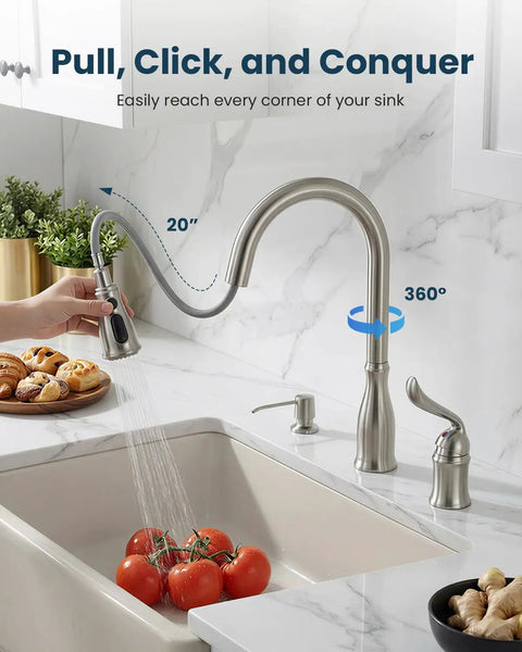 Three Hole Pull Down Kitchen Faucet With Sprayer In Brushed Nickel Stainless Steel Finish Two Hole Pull Out Kitchen Sink Faucet APS218BN