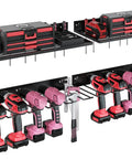 Power Tool Organizer Wall Mount With Drill Holder For Garage Keeps Your Tools Neat And Grab And Go Heavy Duty Tool Rack For Drills Saws And Bits Black Finish showing organized drills and toolboxes