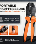 Pro Grade Solar Crimp Tool Kit With Ratcheting Pliers For AWG 8 To 12 Cable, 23 Piece Set including orange ratchet crimping tool.