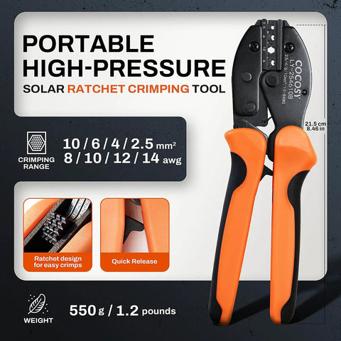 Pro Grade Solar Crimp Tool Kit With Ratcheting Pliers For AWG 8 To 12 Cable, 23 Piece Set including orange ratchet crimping tool.
