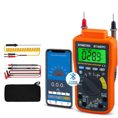Bluetooth Enabled Digital Multimeter With App Logging And Auto Ranging, 4000 Count Multimeter showing phone app and accessories