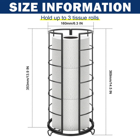 Free Standing Toilet Paper Organizer Stand With Three Roll Capacity Rustproof Metal Bathroom Accessory Matte Black Roll Holder For Kitchen Countertop Or Cabinet Shelf Raised Base Keeps Paper Dry, showing size dimensions.