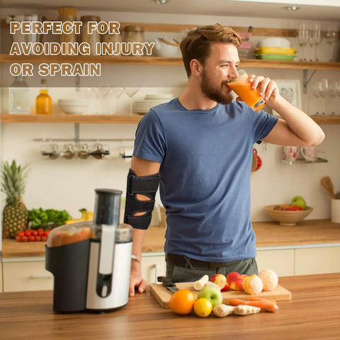 Man drinking juice wearing elbow brace with two removable metal splints for tendonitis and ulnar nerve entrapment in kitchen.