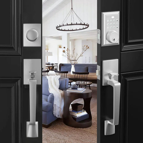 Keypad Deadbolt Entry Set With Handle In Satin Nickel, Keyless Entry For Up To 50 Codes on black door, home interior view