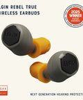 True Wireless Earbuds With 31 dB Noise Reduction, Bluetooth Headphones, Noise Isolating Mic, 12 Plus Hour Battery, IP65 Water Resistant, OSHA Compliant Hearing Protection For Rugged Work displayed with orange ear tips