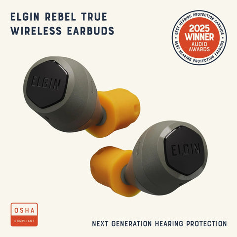 True Wireless Earbuds With 31 dB Noise Reduction, Bluetooth Headphones, Noise Isolating Mic, 12 Plus Hour Battery, IP65 Water Resistant, OSHA Compliant Hearing Protection For Rugged Work displayed with orange ear tips