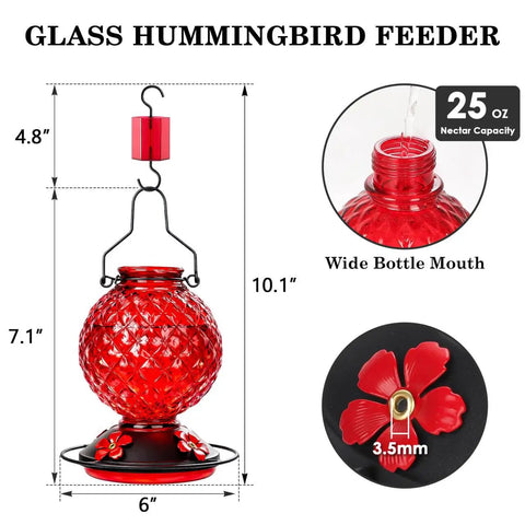 25 Oz Glass Hummingbird Feeder With Ant Moat And Bee Proof Feeding Ports, red glass design, 360 Degree Perch, Leak Proof