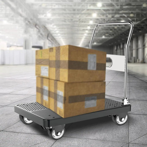 Heavy Duty Furniture Castor Wheels With Dual Locking Spinners And Smooth Polyurethane Tread Four Pack on a cart with boxes.