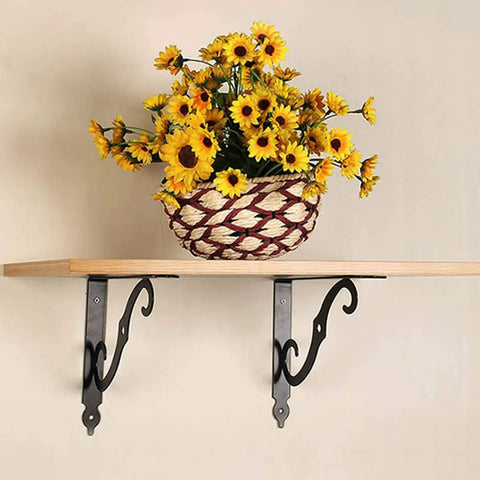 Heavy Duty 10 Pack L Shaped Shelf Brackets Wall Mounted Decorative Floating Shelf Hardware Kit With Screws And Anchors supporting a wooden shelf with sunflowers.