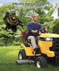 Man on yellow lawn tractor with All In One Fuel Pump Kit For Lawn Mower And Tractor With Filter And Spark Plug in garden.