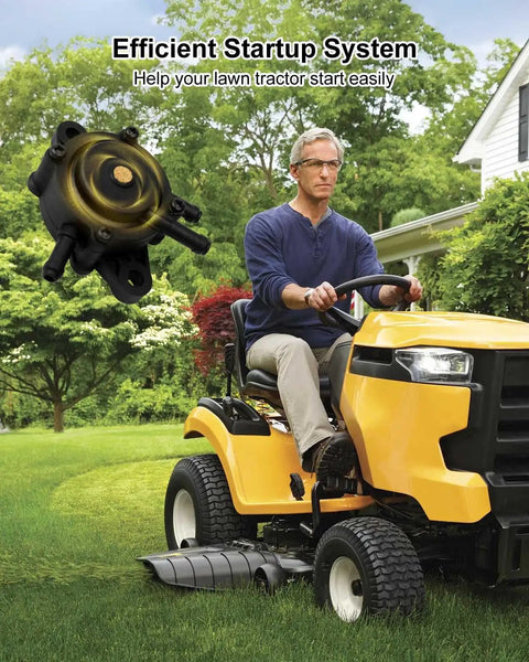 Man on yellow lawn tractor with All In One Fuel Pump Kit For Lawn Mower And Tractor With Filter And Spark Plug in garden.
